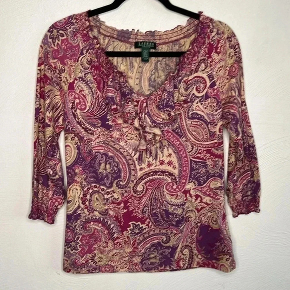 Lauren Ralph Lauren Paisley Top Size Small Petite - Picture 3 of 7